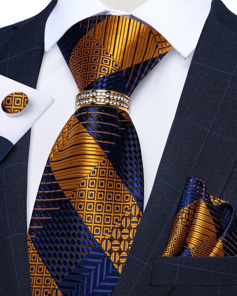 DiBanGu Mens Tie Set Silk Necktie and Gold Tie Ring Pocket Square Cufflinks Formal Business Wedding Ties with Gift Box, Blue and Gold - Image 3